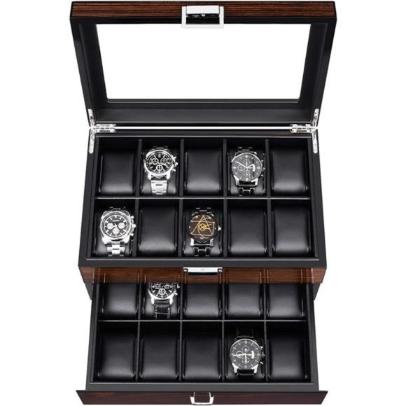 20 Slots Watch Case for Men - Luxury Watch Organizer with Glass Top, Brown - Picture 4 of 5